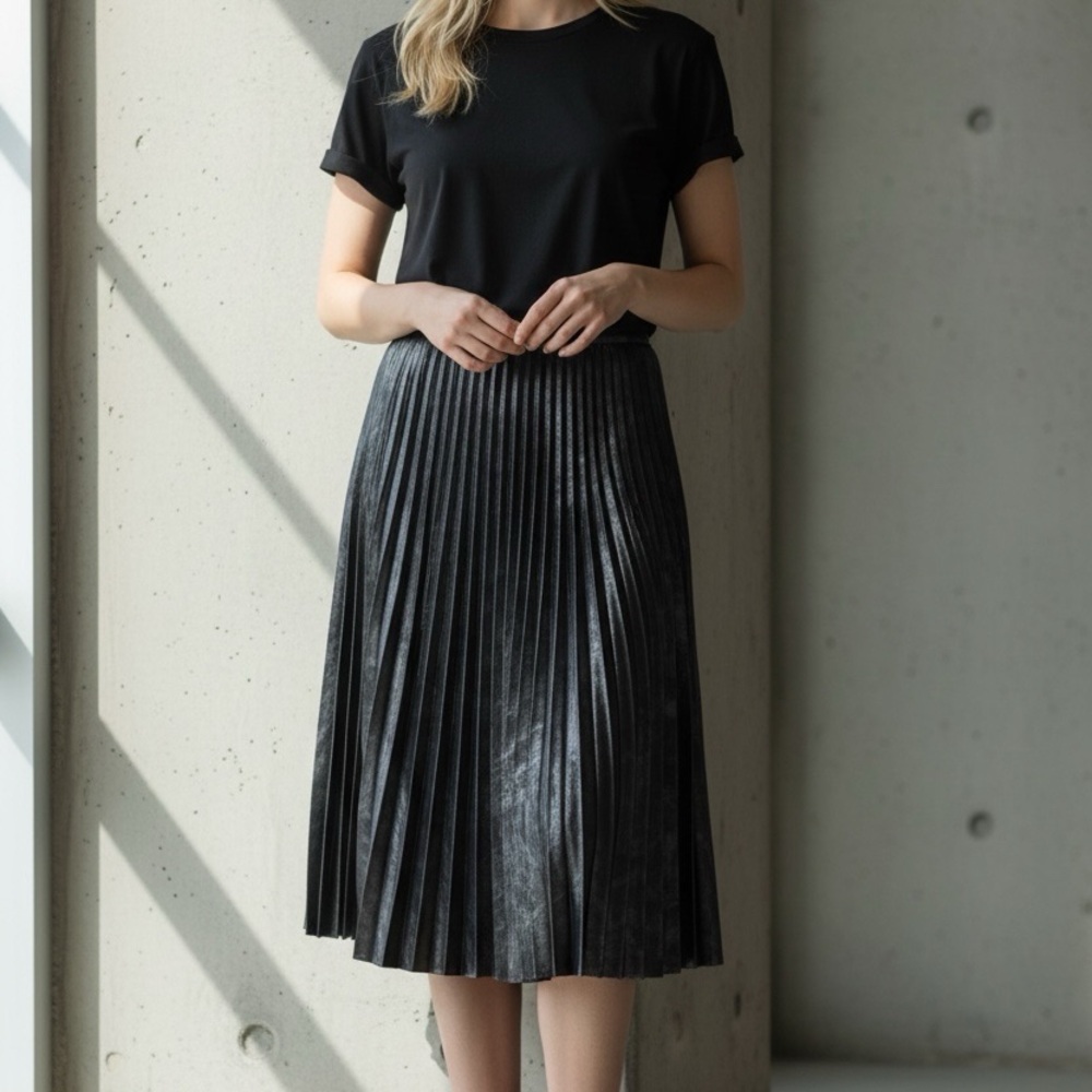 DKNY Metallic Pleated Midi Skirt XL | 32” Length | Chic Holiday Party Glam
